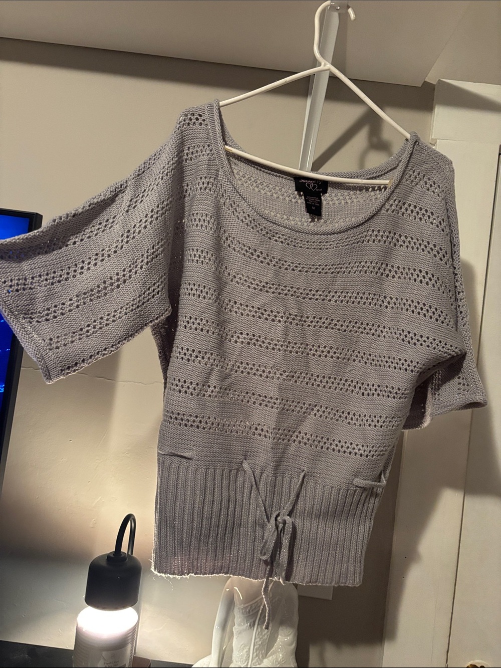 Hooked Up by IOT Light Gray Openwork Scoop-Neck Short Sleeve Sweater
